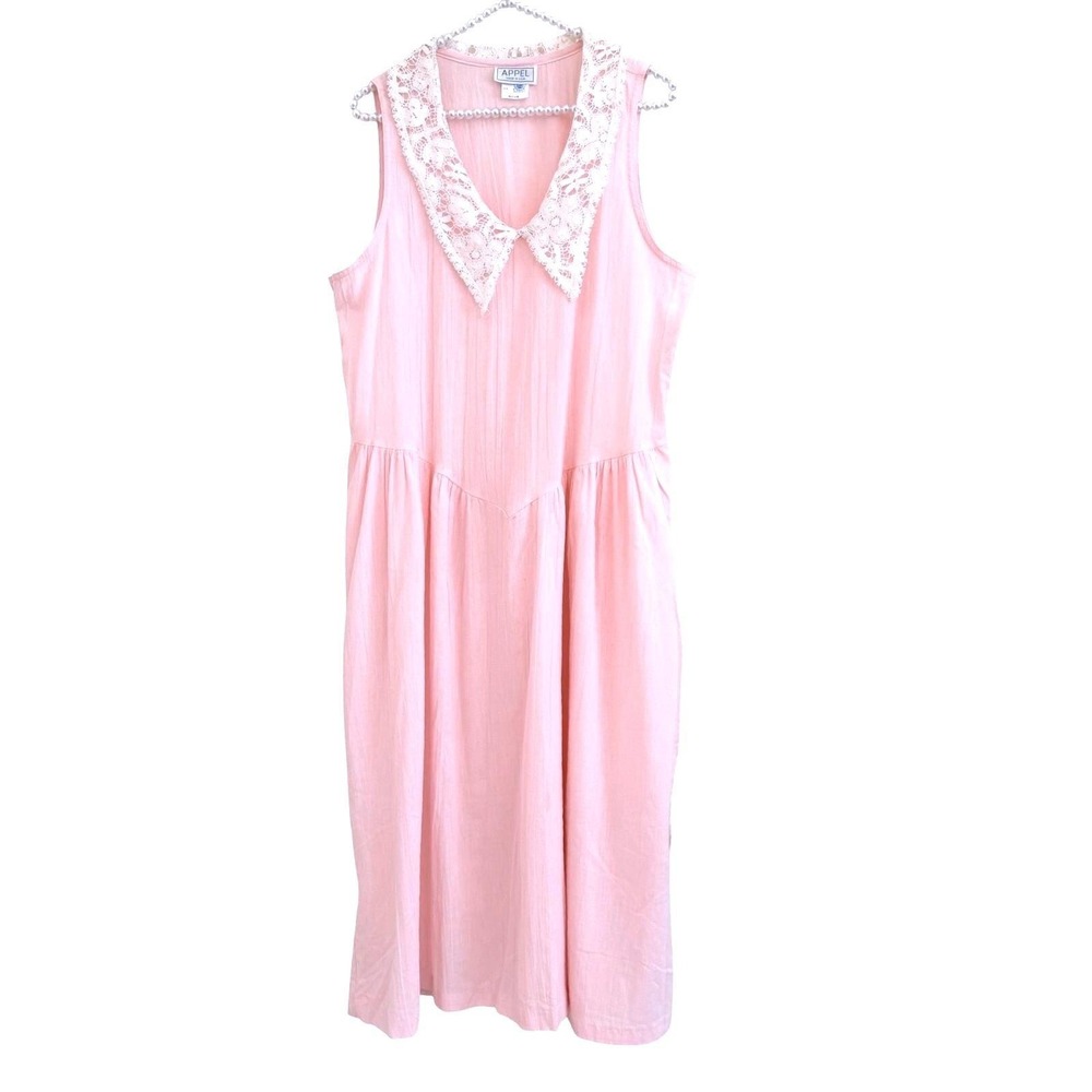 VTG  80s Appel Pink Cotton Lace Collar Midi Dress ILGWU Coquette Cottagecore M